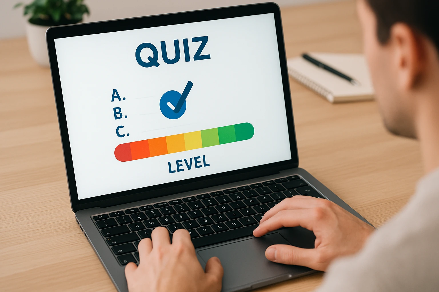 Personne sur ordinateur en train de répondre à un quiz en ligne avec une jauge de niveau colorée